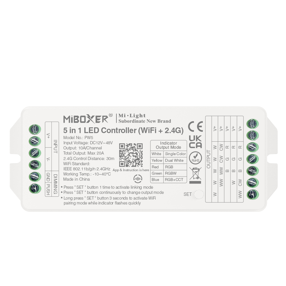 5 in 1 LED Stýring (WiFi+2.4G) High Current 20A (PUSH Dimming)